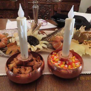 Pair Vintage French Country Copper Craft Candle Holders Floral Centerpiece